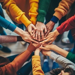 Diverse group of hands joined together